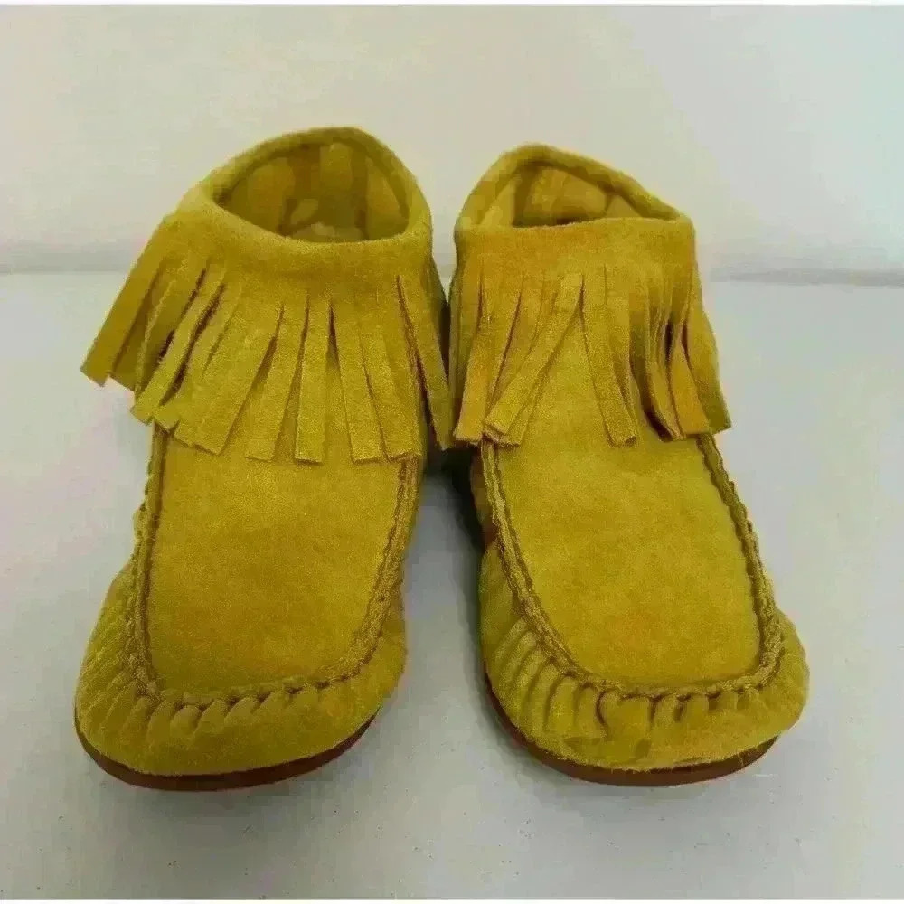 Bettye Muller Yellow Fringe Moccasin Bootie Size 7 1/2 Soft Leather Suede - Picture 2 of 13